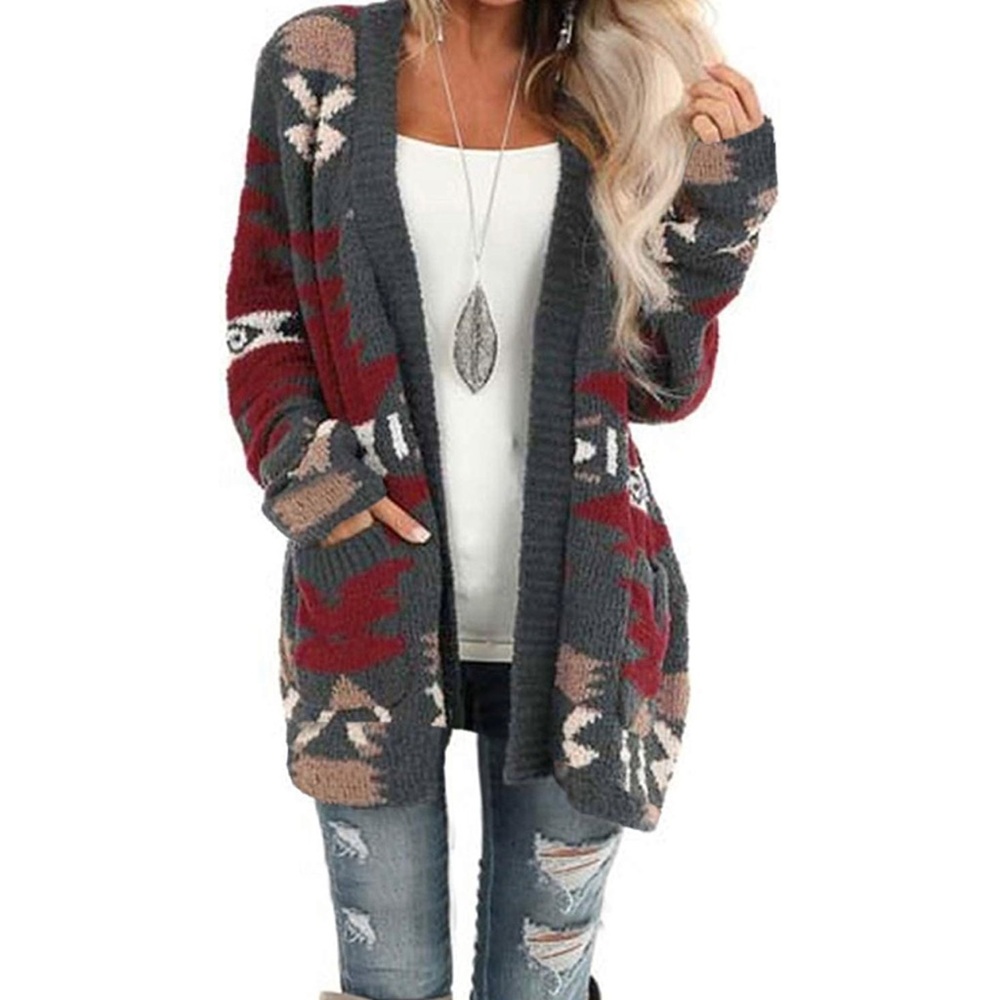 Open Front Aztec Cardigan Pockets Long Sleeve Knit Sweater Coat